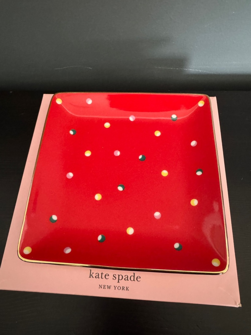 Kate Spade Lenox Christmas Jewelry Trinket Tray Dish Red w/ Dots 5-3/4” - Picture 2 of 5